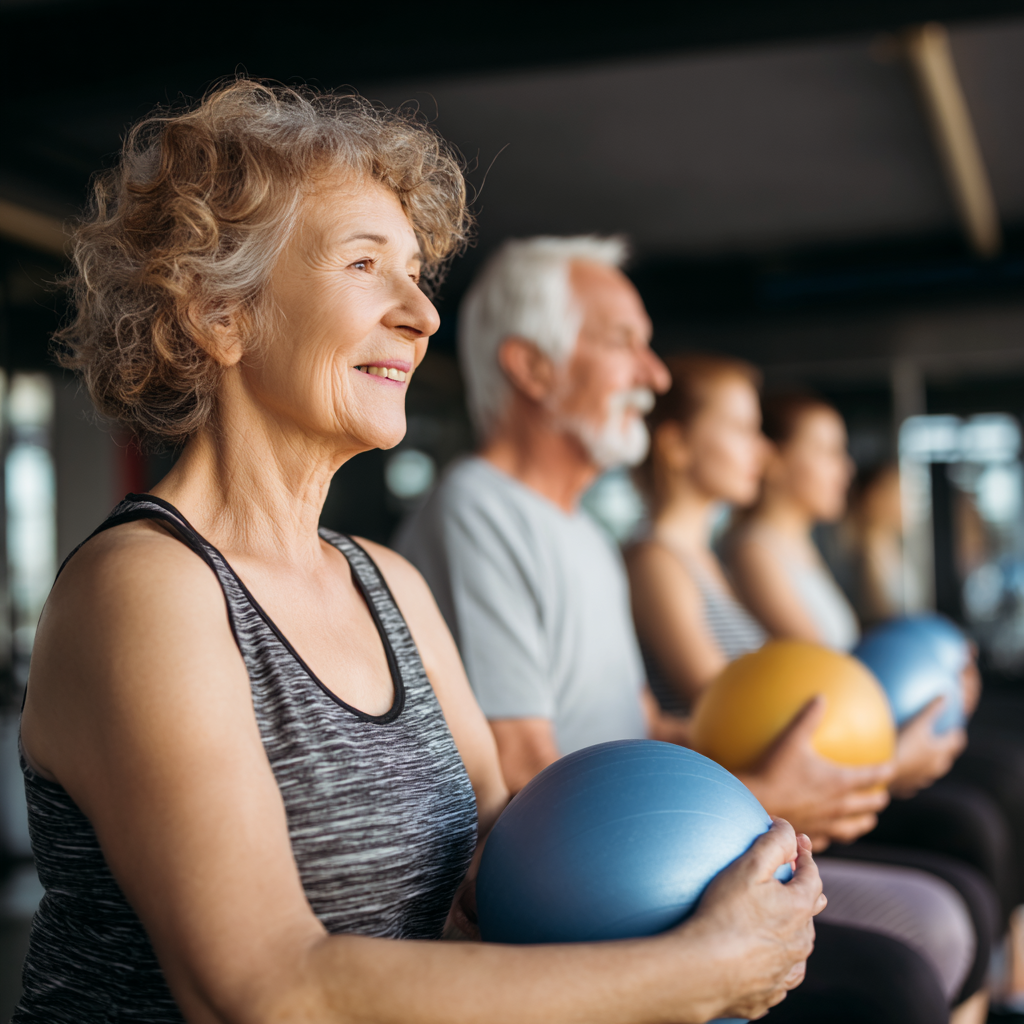 Smiling middle-aged Ukrainian man and woman exercising together in a modern fitness studio, demonstrating strength training with weights