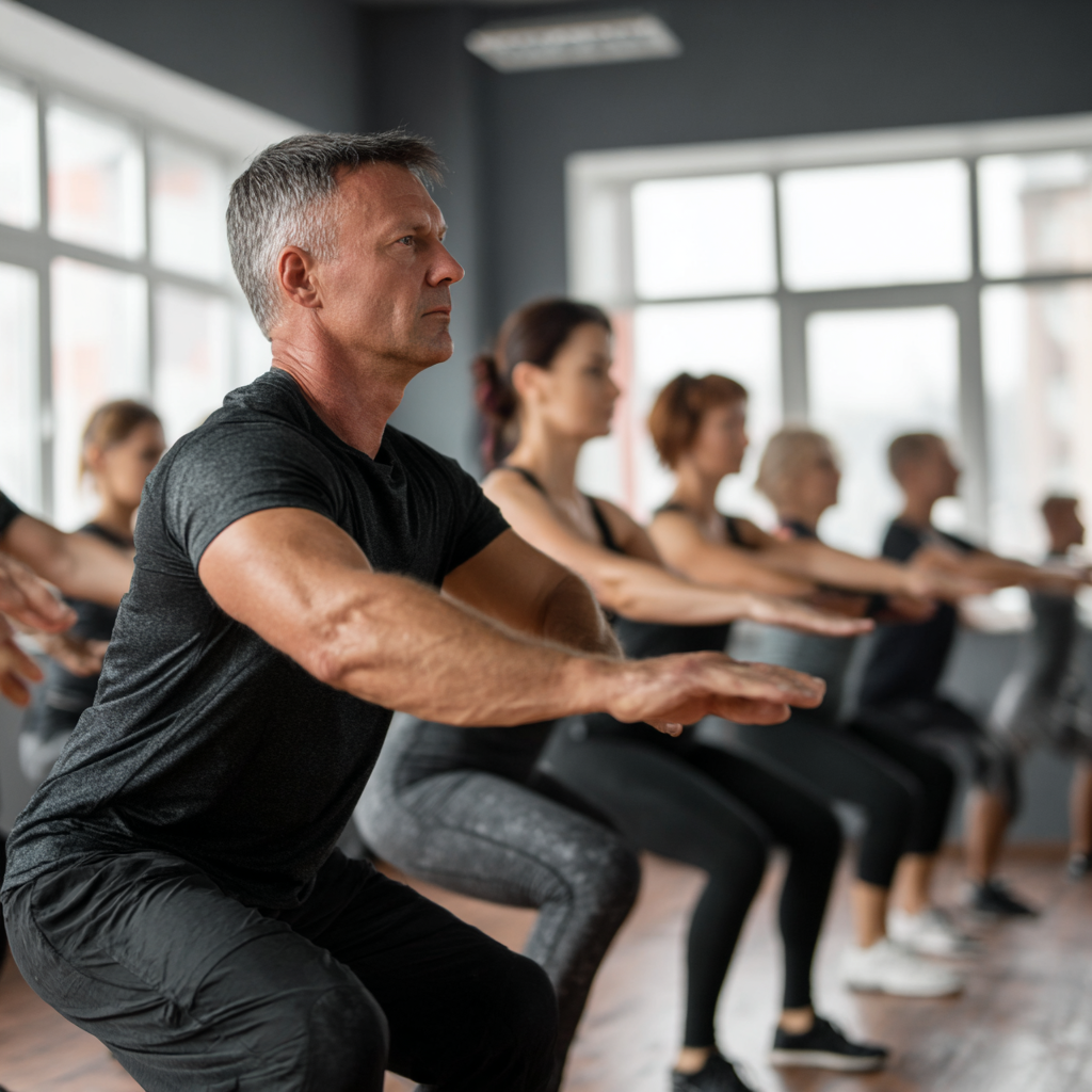 Group of diverse Ukrainian adults in their 40s and 50s celebrating fitness achievements together in a bright, modern gym space, showing strength and community